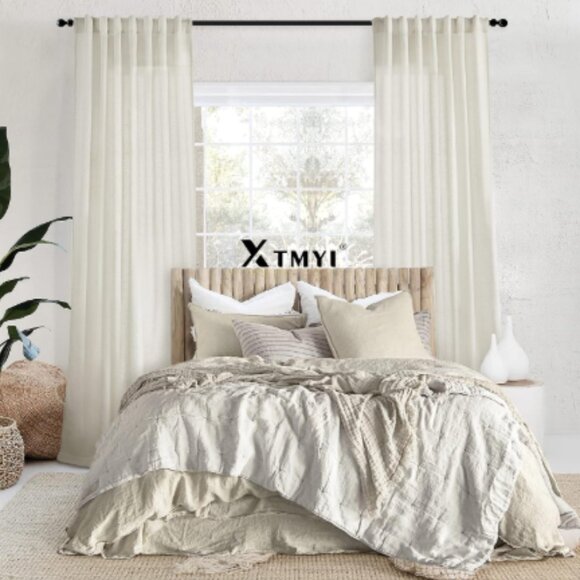 Linen Curtain Panels 50 x 108 Ivory Off White Flax Weave Sheer Drapes Curtains - Picture 4 of 16